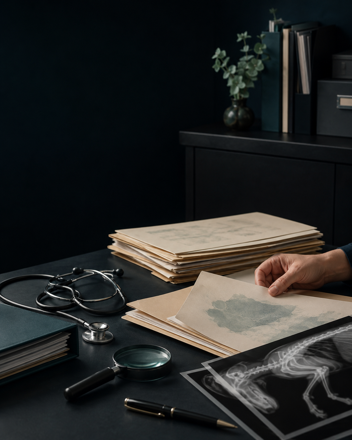 Mesa de análisis con expedientes clínicos, radiografías y fonendoscopio