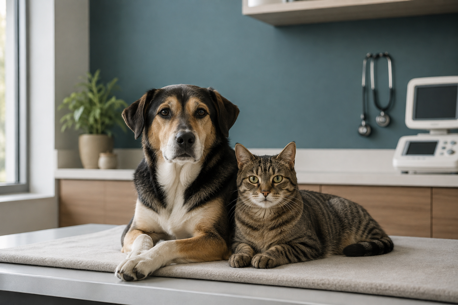 Perro y gato en un entorno veterinario contemporáneo
